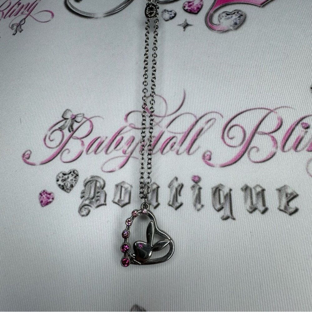Playboy bunny necklace pink jewel diamonds silver chain link 1953 rabbit head - Picture 5 of 11